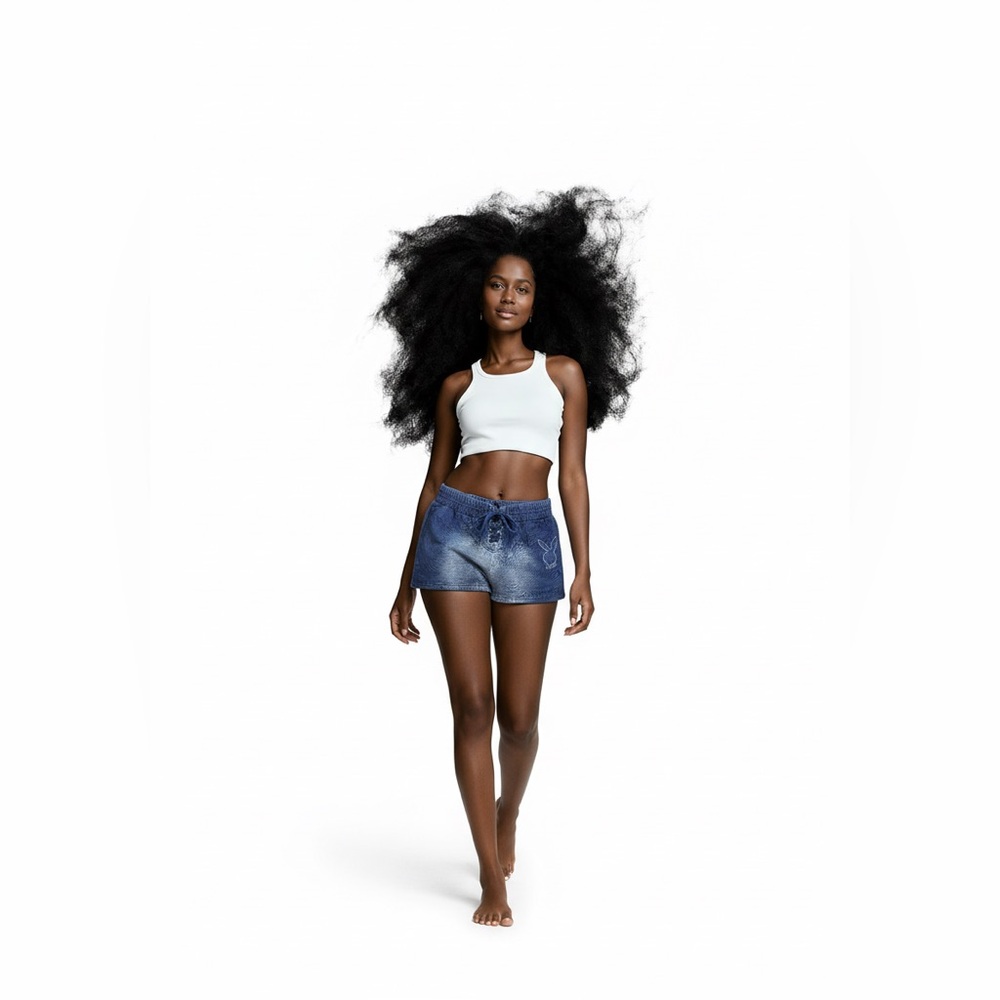 PLAYBOY Denim-Effect Drawstring Women’s Athletic Shorts - Blue